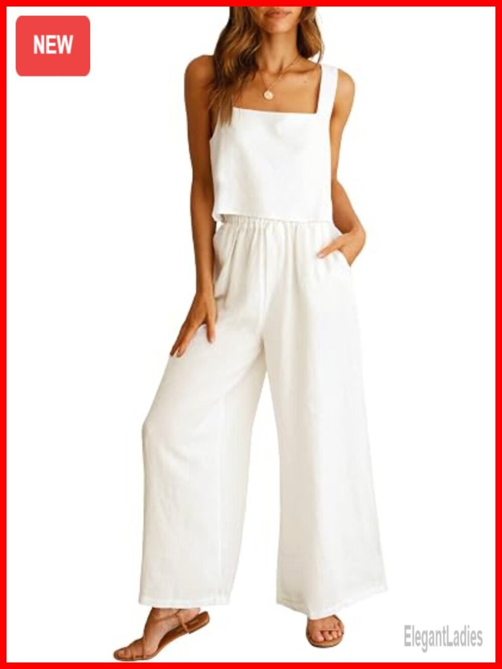 Linen 2 Piece Lounge Set Tank Top Wide Leg Pants Sleeveless Square Neck
